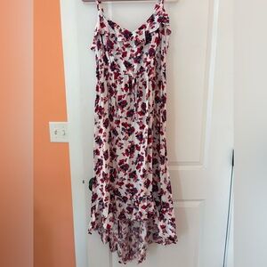 Torrid High Low Dress with Red and Black Floral Design